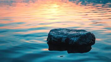ai genererad en enslig sten flyter lugnt atop porlande vatten, dess reflexion spegling lugn, ai genererad foto
