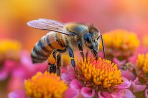 ai genererad flitig bi svävar över en vibrerande blomma, samlar pollen med precision, ai genererad. foto