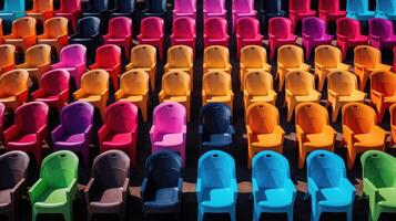 ai genererad rader av färgrik stolar skapa en livlig och dynamisk scen, en brista av kromatisk harmoni, ai genererad. foto