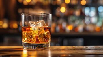 ai genererad whisky med is kuber på en rustik bar, ai genererad. foto