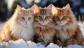 ai genererad söt kattunge Sammanträde i snö, ser på kamera lekfullt genererad förbi ai foto