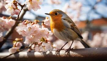 ai genererad en söt fågel perching på en gren, omgiven förbi körsbär blommar genererad förbi ai foto