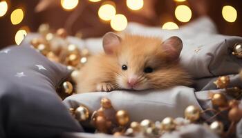 ai genererad söt kattunge firar jul med fluffig leksak under träd genererad förbi ai foto