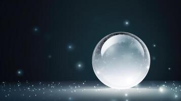 ai genererad en glansig kristall glas boll glimmar med vit partiklar, erbjudande ett tömma tom ikon för anpassningsbar kopia Plats. ai genererad. foto