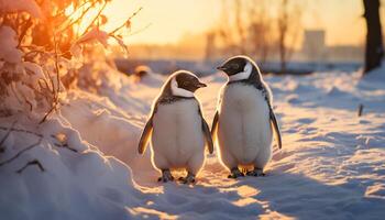 ai genererad gentoo pingviner vaggande på is, njuter lugn arktisk solnedgång genererad förbi ai foto