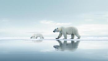 ai genererad söt arktisk däggdjur stående på is, ser på kamera genererad förbi ai foto