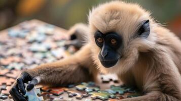 ai genererad söt gibbon uppslukad i en kontursåg pussel, tillsats en nyckfull Rör, ai genererad. foto