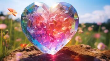 ai genererad en kristall hjärta i en spektrum av vibrerande färger, lysande med bländande briljans. ai genererad foto