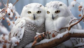 ai genererad fågel av byte perching på snöig gren, ser på kamera genererad förbi ai foto