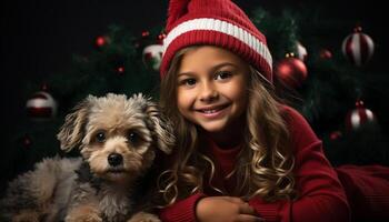 ai genererad leende barn och söt hund föra glädje till jul firande genererad förbi ai foto