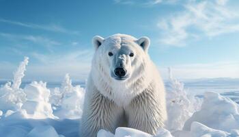 ai genererad majestätisk arktisk däggdjur, päls vit som snö, utseende på kamera genererad förbi ai foto
