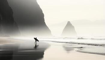 ai genererad två män surfa på en Vinka, silhouetted mot en solnedgång genererad förbi ai foto