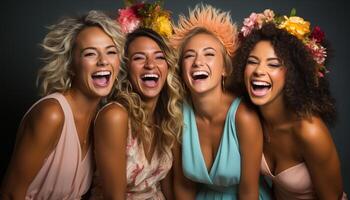 ai genererad leende kvinnor i glad firande, ung vuxna njuter fest genererad förbi ai foto