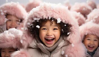 ai genererad leende barn spelar i de snö, glad vinter- roligt utomhus genererad förbi ai foto