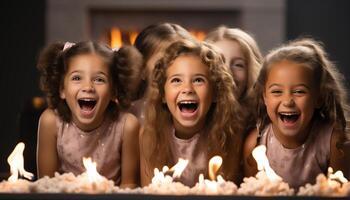 ai genererad grupp av barn njuter en roligt födelsedag fest, skrattande och skrikande genererad förbi ai foto