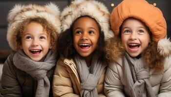 ai genererad leende barn, glad tjejer, vinter- roligt, skratt, värma Kläder genererad förbi ai foto