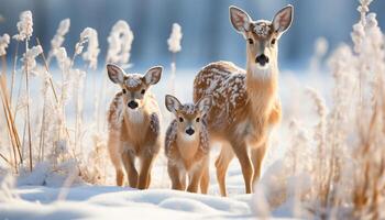 ai genererad söt ung rådjur stående i snöig skog, ser på kamera genererad förbi ai foto