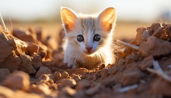 ai genererad söt kattunge spelar i de gräs, stirrande på de Sol genererad förbi ai foto