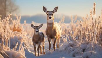 ai genererad söt hind stående i snöig äng, ser på kamera genererad förbi ai foto