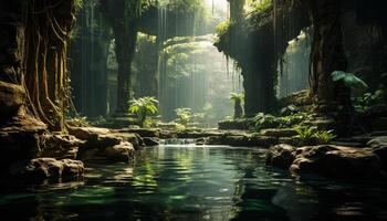 ai genererad lugn scen grön skog, strömmande vatten, reflekterande solljus, oberörd vildmark genererad förbi ai foto