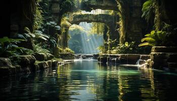 ai genererad majestätisk tropisk regnskog, strömmande vatten, lugn scen, naturlig skönhet genererad förbi ai foto