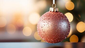ai genererad jul träd prydnad lysande med ljus guld dekorationer genererad förbi ai foto