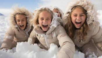 ai genererad leende flickor spelar i snö, glad skratt, vinter- roligt genererad förbi ai foto