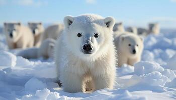 ai genererad söt samojed hund spelar i snöig arktisk natur genererad förbi ai foto