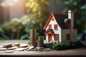 ai genererad ai genererad illustration små modell hus med mynt, köpa och sälja hus foto