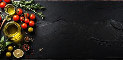 ai genererad mat bakgrund. topp se av oliv olja, körsbär tomat, örter och kryddor på rustik svart skiffer. färgrik mat Ingredienser gräns foto