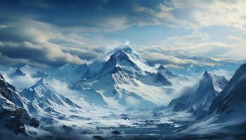 ai genererad majestätisk berg topp, snö täckt landskap, lugn himmel genererad förbi ai foto