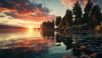 ai genererad lugn scen solnedgång speglar på vatten, natur skönhet genererad förbi ai foto