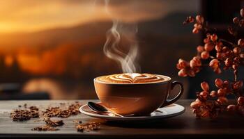 ai genererad färsk kaffe på trä- tabell, ånga stiger från varm kopp genererad förbi ai foto