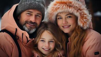 ai genererad leende familj omfamnar vinter, lycka i natur kall omfamning genererad förbi ai foto