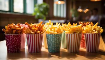 ai genererad snabb mat restaurang serverar ohälsosam måltid med frites och dryck genererad förbi ai foto