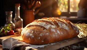 ai genererad nyligen bakad bröd på rustik trä- tabell, friska och hemlagad genererad förbi ai foto