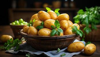 ai genererad färsk organisk grönsaker på trä- tabell, friska äter, vegetarian måltid genererad förbi ai foto