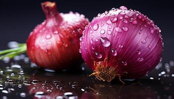 ai genererad friskhet av natur reflekterad i våt lila växt blad genererad förbi ai foto