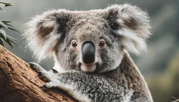 ai genererad koala bebis närbild Sammanträde på träd foto