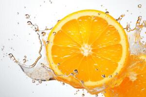 ai genererad halv orange frukt med stänk vatten isolerat på vit bakgrund foto
