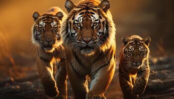 ai genererad bengal tiger gående, stirrande, majestätisk i lugn regnskog genererad förbi ai foto