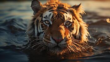 ai genererad bengal tiger stirrande, majestätisk, i lugn vinter- solljus genererad förbi ai foto