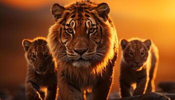 ai genererad majestätisk tiger gående, stirrande på kamera, skönhet i natur genererad förbi ai foto