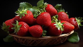 ai genererad friskhet av mogen jordgubbe, organisk bär frukt på trä- tabell genererad förbi ai foto