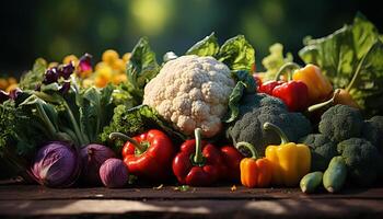 ai genererad friskhet av organisk grönsaker blomkål, tomat, broccoli, morot, klocka peppar genererad förbi ai foto