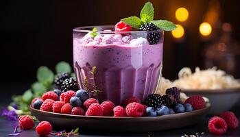 ai genererad friskhet i en skål hallon, blåbär, och jordgubb milkshake genererad förbi ai foto