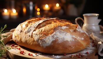 ai genererad nyligen bakad bröd på en rustik tabell, hemlagad och utsökt genererad förbi ai foto