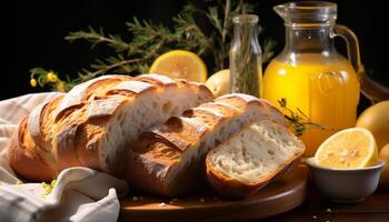 ai genererad nyligen bakad bröd på trä- tabell, en gourmet måltid genererad förbi ai foto