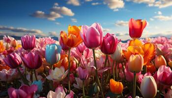 ai genererad de vibrerande tulpan blommar i natur mång färgad bukett genererad förbi ai foto