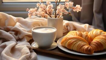 ai genererad kaffe kopp på tabell, croissant och cappuccino för frukost genererad förbi ai foto